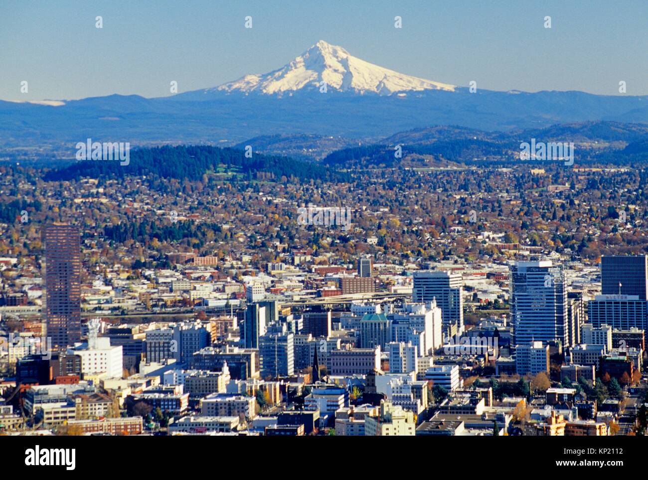 Centro de vista con Mt Hood de mansión Pittock, Portland, Oregon. Foto de stock