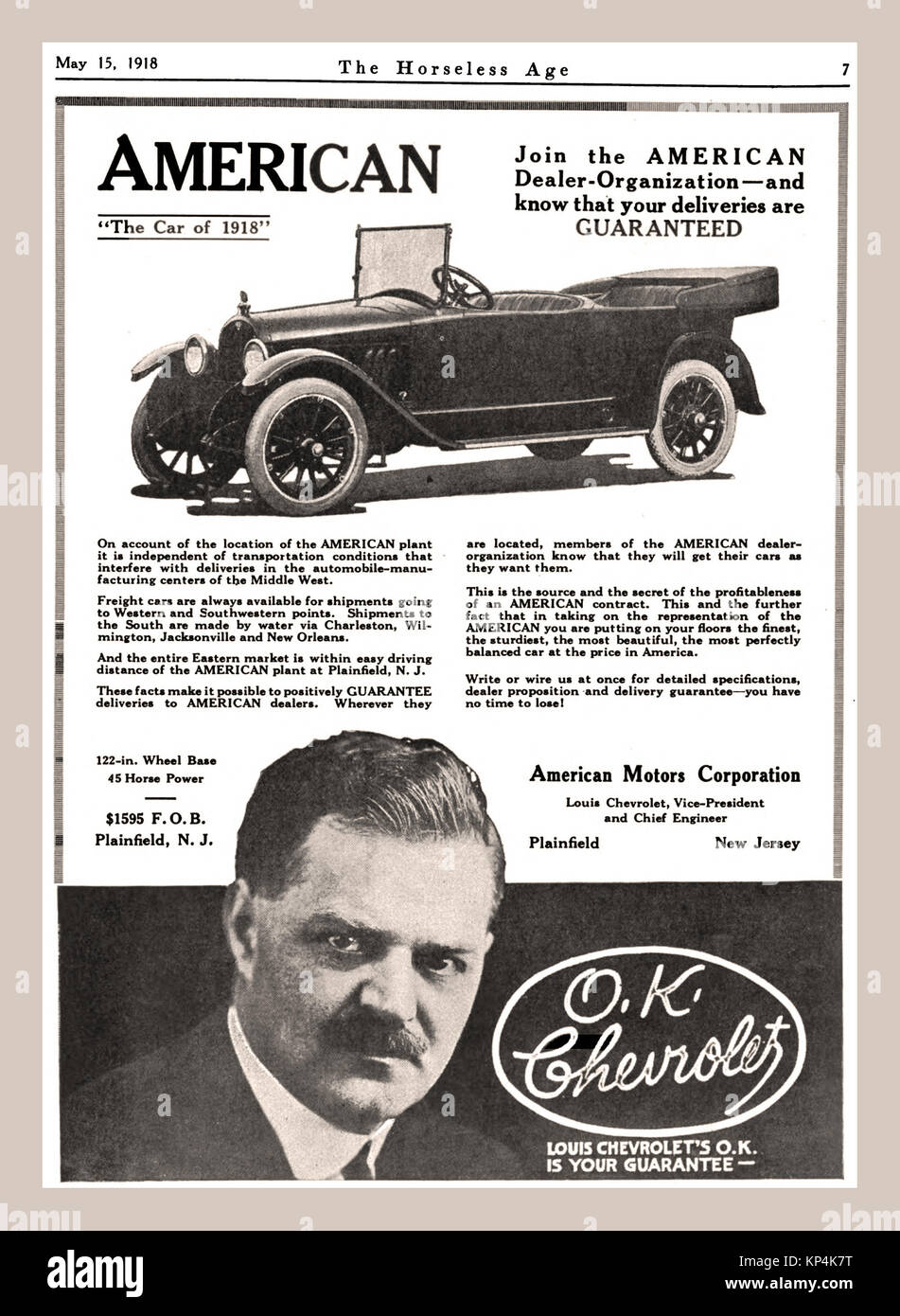 CHEVROLET 1918 Vintage 1900 publicidad de una estadounidense Louis Chevrolet open-top automóvil Foto de stock
