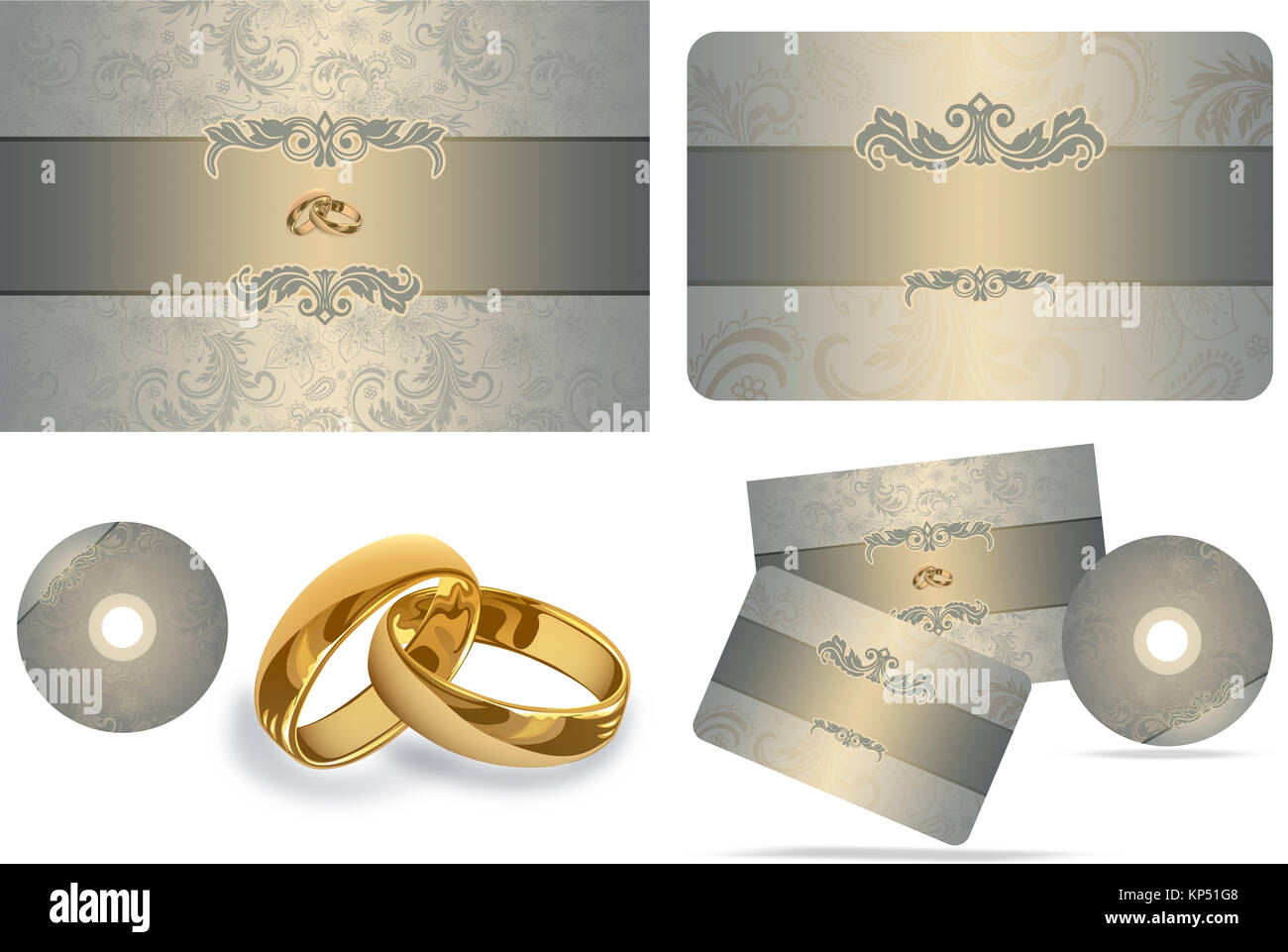 Plantillas de tarjetas de invitación de boda, tarjeta de regalo, CD y anillos  de oro sobre fondo blanco Fotografía de stock - Alamy