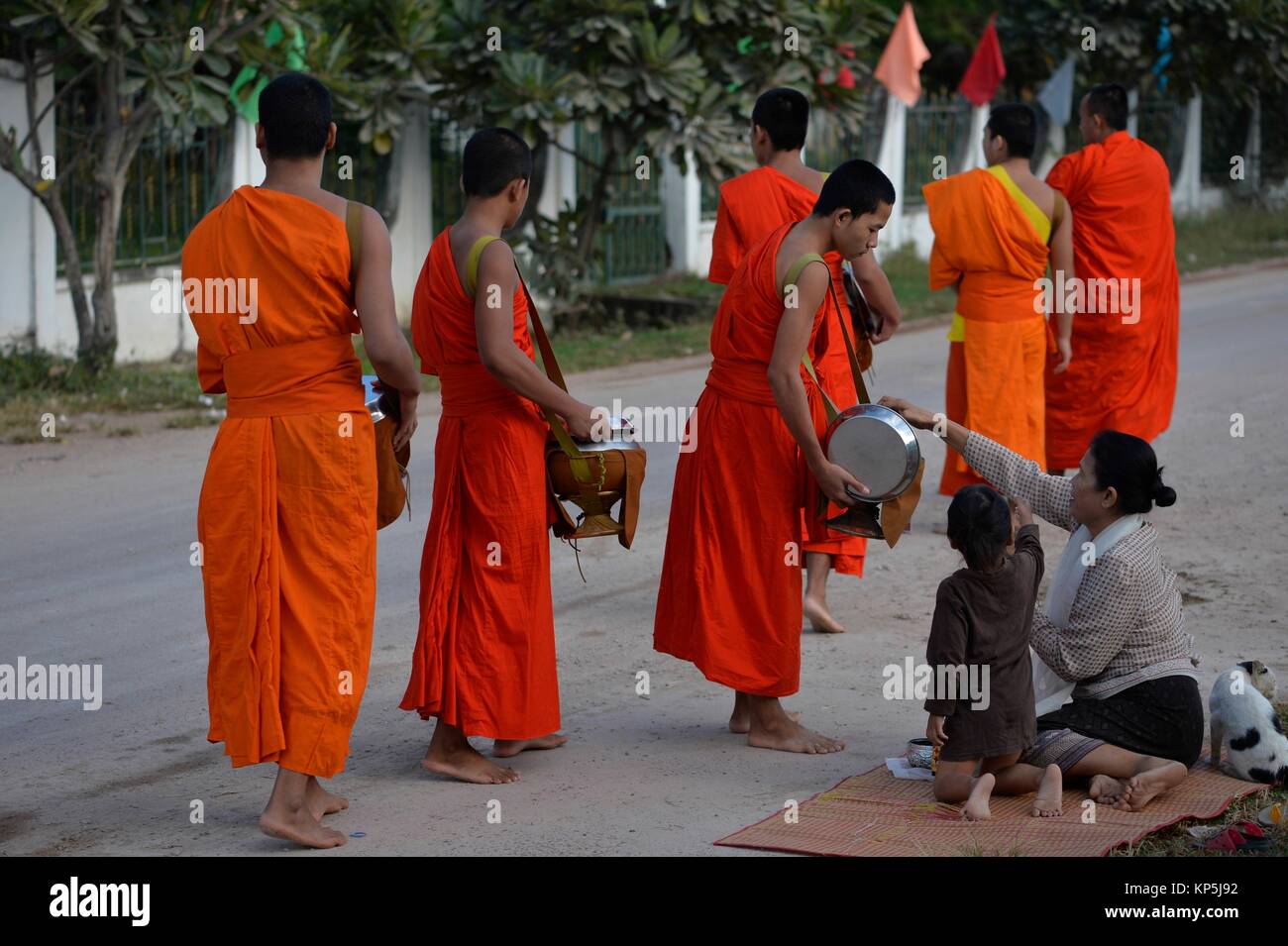 Los monjes budistas caminar a lo largo de la carretera para recoger limosnas, Cuatro Mil Islas,sur de Laos, el sudeste de Asia. Foto de stock