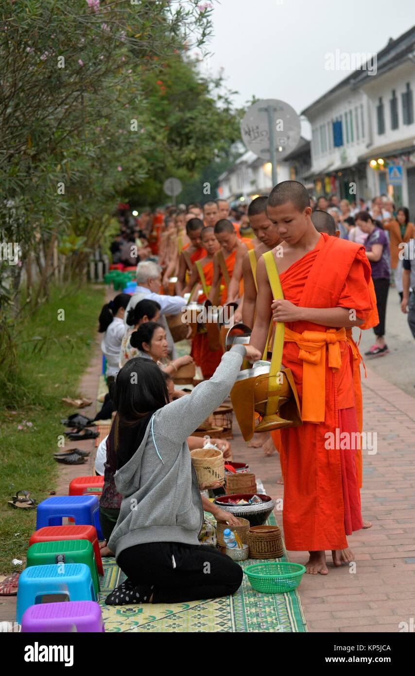 Los monjes recibiendo limosnas al amanecer,en Luang Prabang, Laos, Sudeste de Asia. Foto de stock