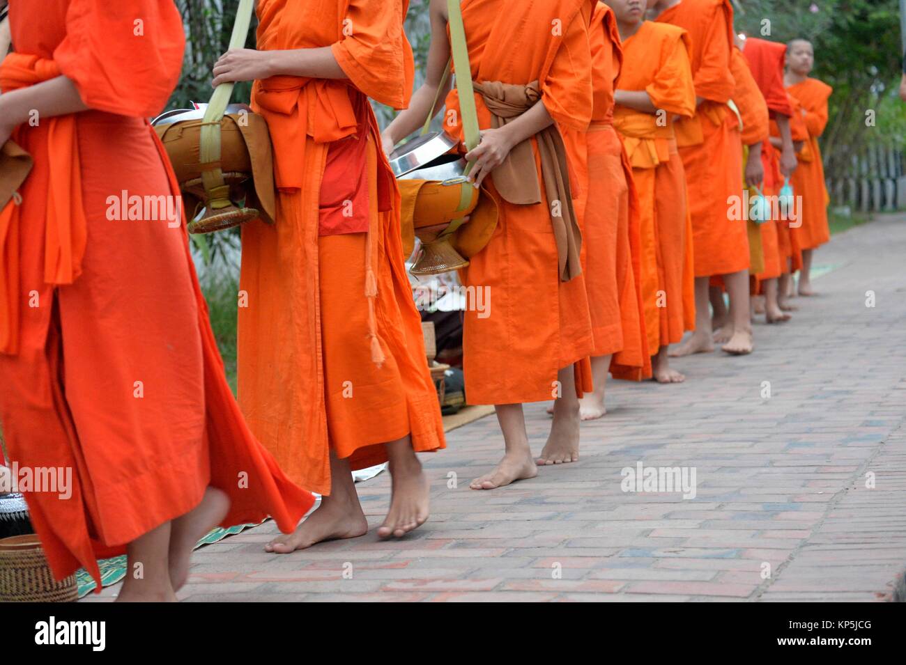Los monjes recibiendo limosnas al amanecer,en Luang Prabang, Laos, Sudeste de Asia. Foto de stock