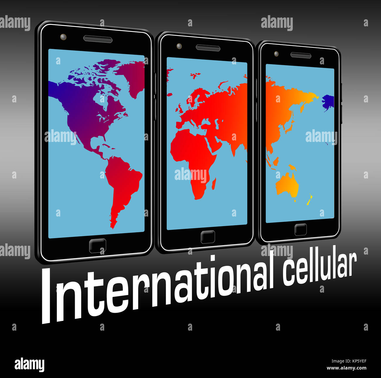 Esta es una ilustración para ir con una historia acerca de cómo utilizar su teléfono móvil para llamadas internacionales. Incluye cuatro teléfonos celulares y un mapa del mundo sprea Foto de stock