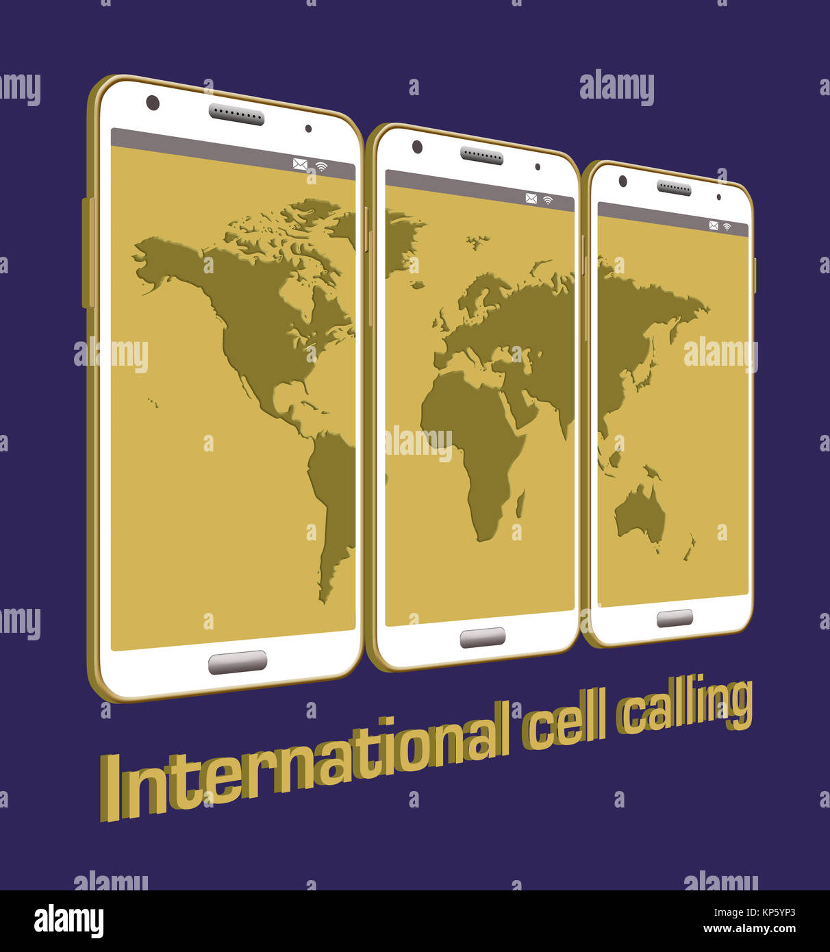 Esta es una ilustración para ir con una historia acerca de cómo utilizar su teléfono móvil para llamadas internacionales. Incluye cuatro teléfonos celulares y un mapa del mundo sprea Foto de stock
