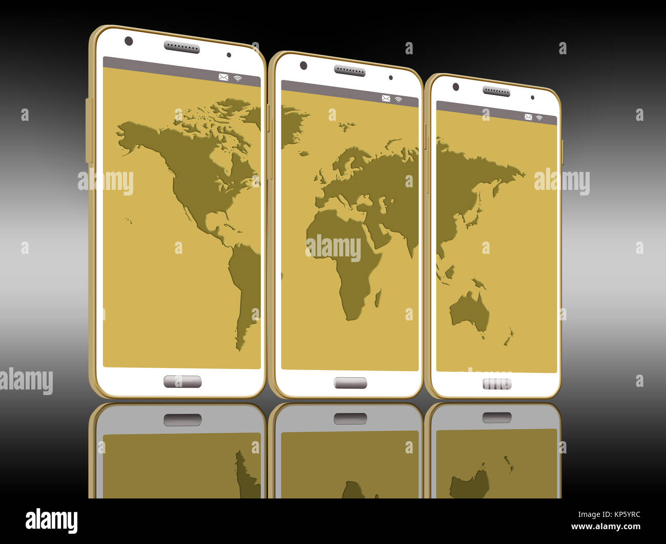 Esta es una ilustración para ir con una historia acerca de cómo utilizar su teléfono móvil para llamadas internacionales. Incluye cuatro teléfonos celulares y un mapa del mundo sprea Foto de stock