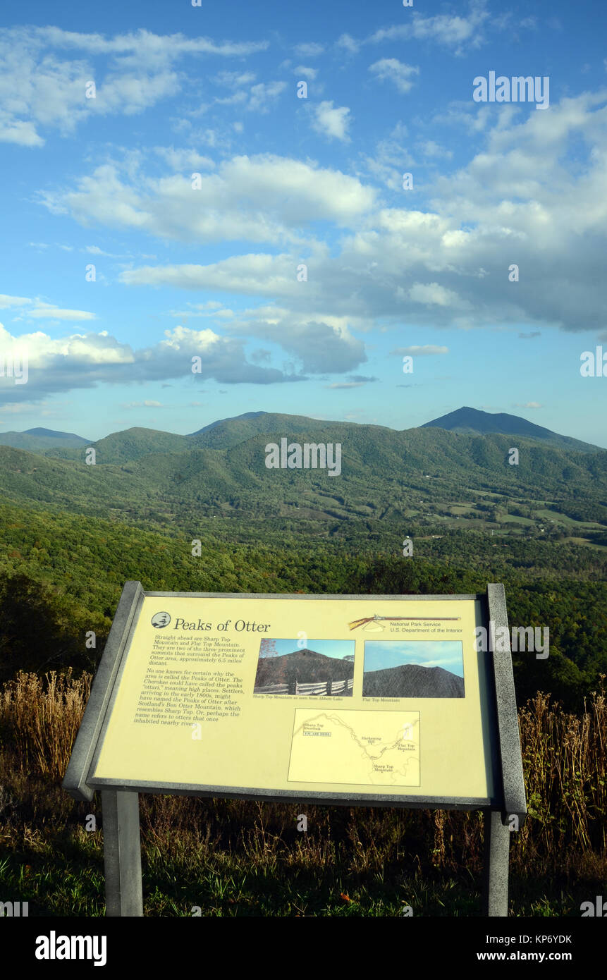 Información interpretativa junta con vistas a los picos de la cordillera de nutria,las montañas Blue Ridge, Virginia, EE.UU. Foto de stock