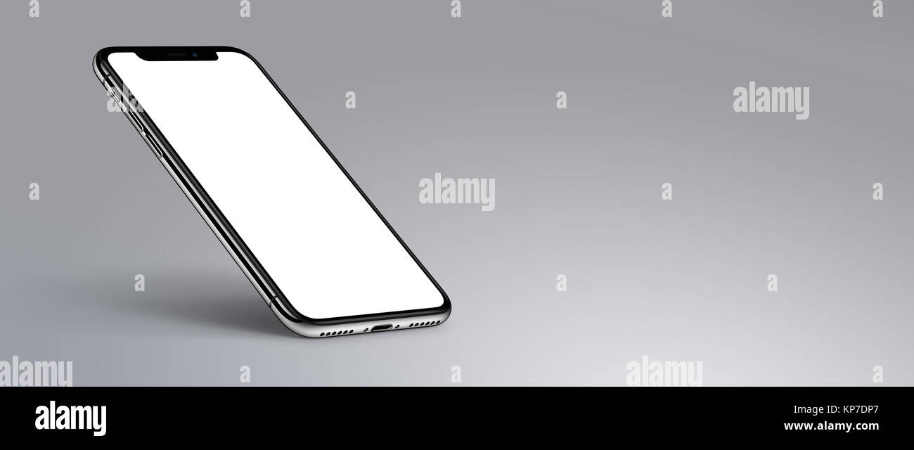 IPhone X perspectiva maqueta smartphone con sombra sobre fondo gris, un banner con copyspace. Foto de stock