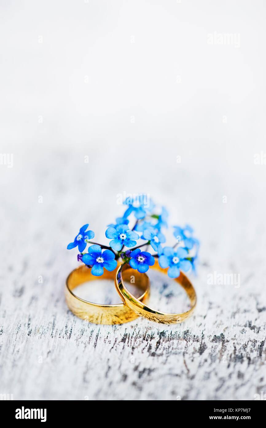 eficaz Practicar senderismo hielo Dos anillos de boda de oro para él y para ella con flores no me olvides  Fotografía de stock - Alamy