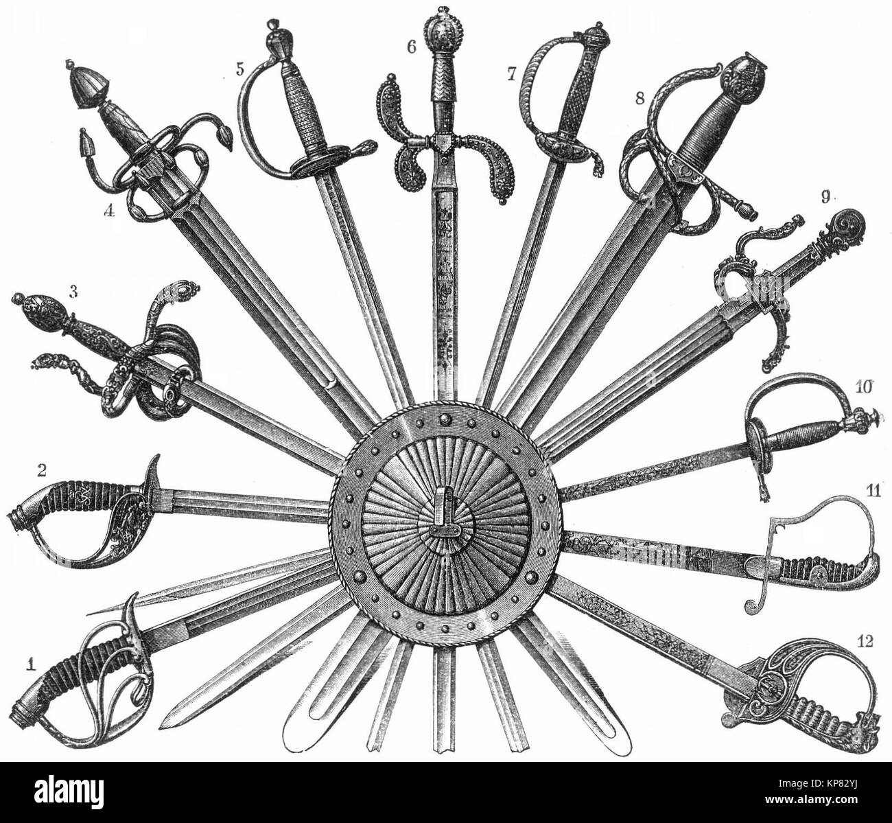 Epee - Fig. 1,2,12. Nuevo Epees prusiano. - 3 u. 4 Epee Philipps II. de España. - 5. Epee Federico el Grande. - 6. Epee alemán Friedrich Heinrich de Duque de Nassau. - 7. Epee napoleones I.- 8. Hoja de la Colada del Cid del siglo XVI. - 9. Toledoepee. - 10 u. 11 años Epees prusiano. Oriente Schield. Foto de stock