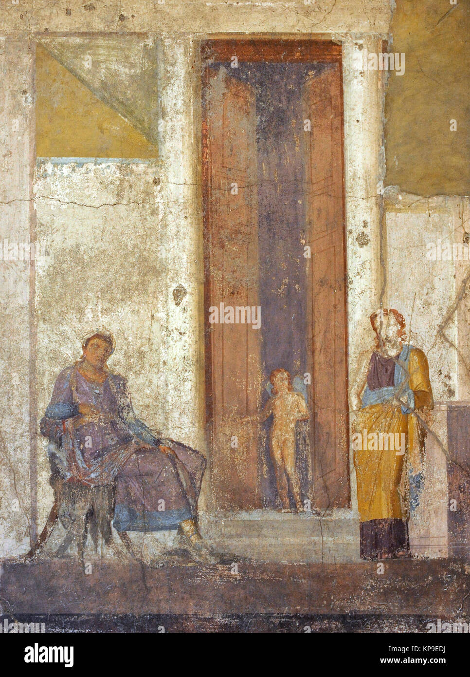 Roman fresco representando Paris, sentado, espera el premio prometido a él por Afrodita. Eros, en la puerta, apunta a Helen, instándole a tomar la decisión que llevará a la guerra de Troya. Casa de Jason (20-25). Pompeya. Museo Arqueológico Nacional. Nápoles. Italia. Foto de stock