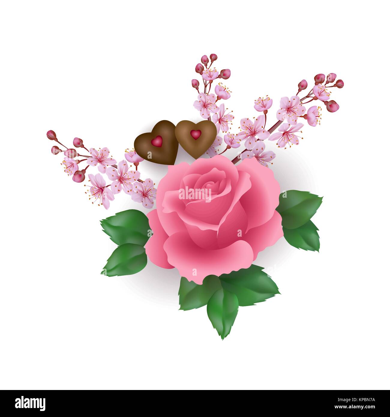 El Día de San Valentín realista establecer rosa rosa flor de chocolate. Luz sakura Cherry Blossom primavera caramelo con forma de corazón romántico regalo fecha presente el amor. Ilustración vectorial 3d Ilustración del Vector