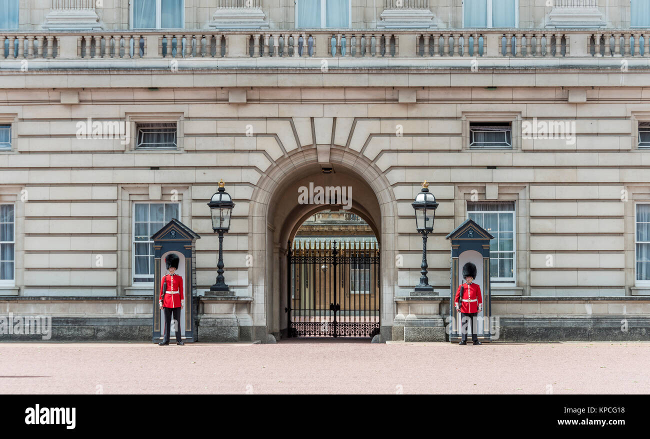 Los guardias de la Guardia Real con bearskin cap, el Palacio de Buckingham, Londres, Inglaterra, Gran Bretaña Foto de stock