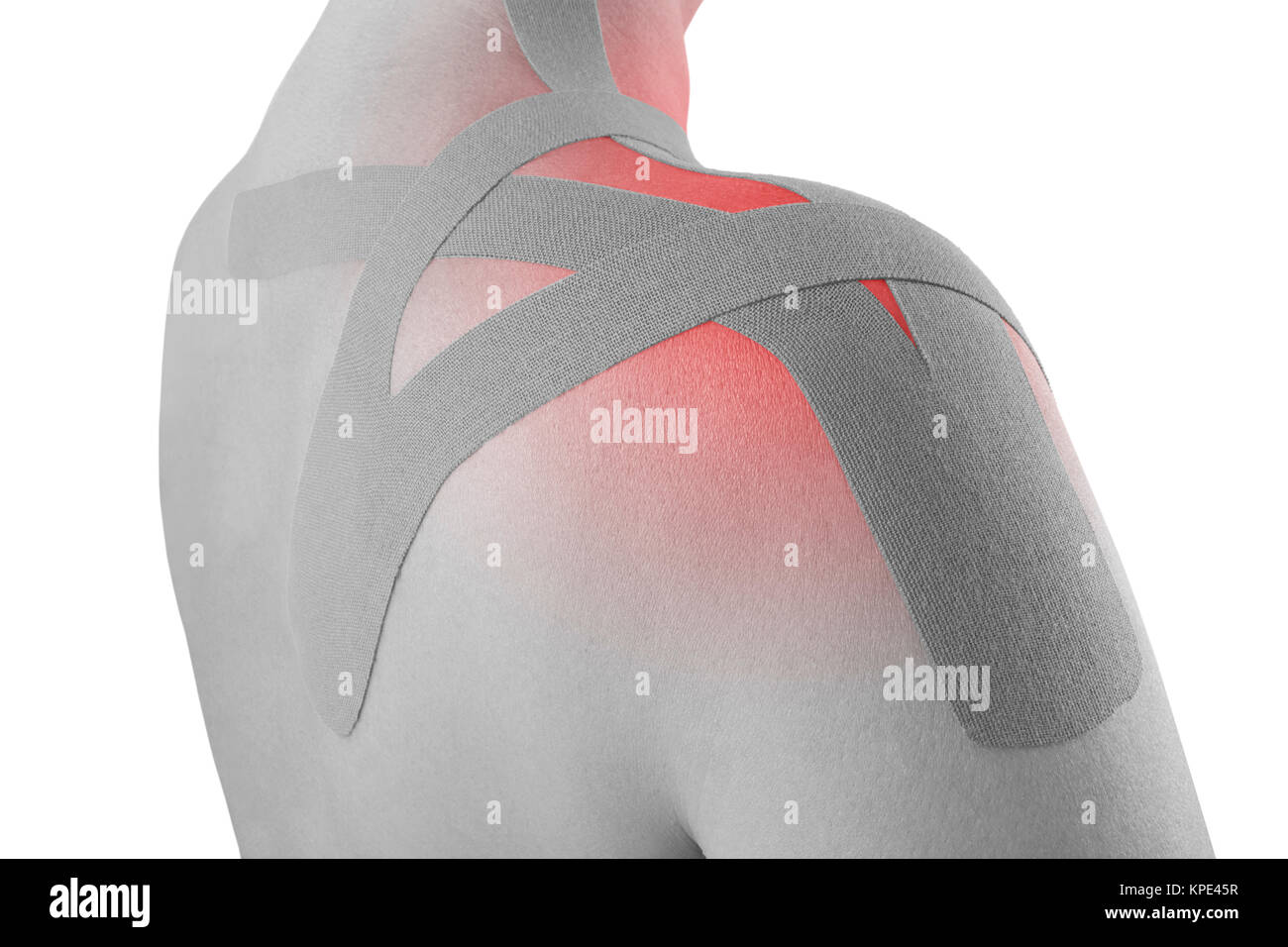 Kinesio tape en hombro hembra aislado sobre fondo blanco