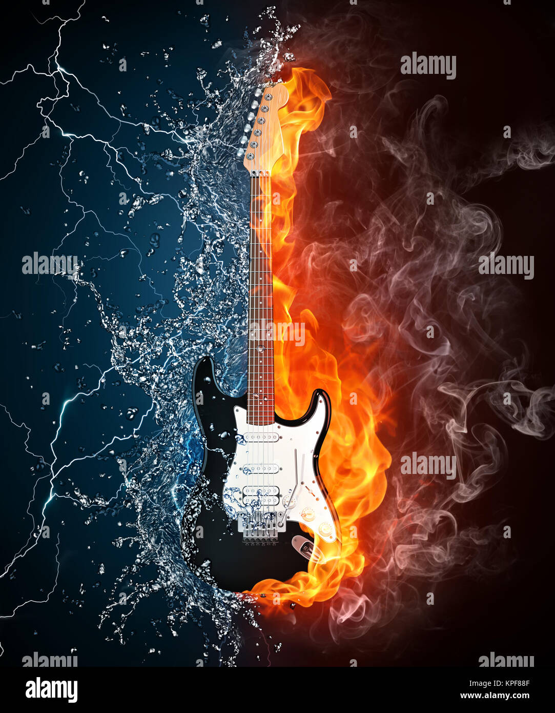 Guitarra eléctrica en agua y fuego aislado sobre fondo negro. Los gráficos  por ordenador Fotografía de stock - Alamy
