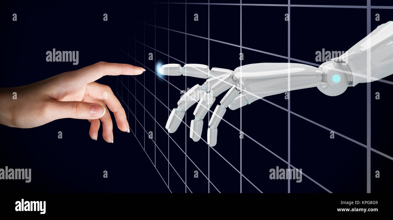 Mano humana tocando una mano android en realidad virtual. Foto de stock