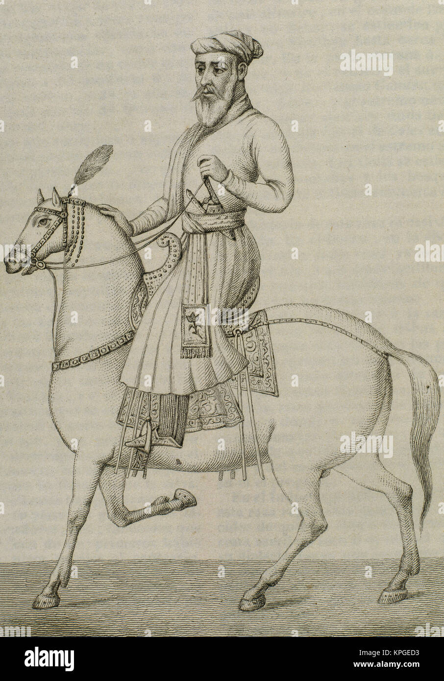 La India. Imperio mogol. Mirza Mollah a caballo. Retrato. Grabado. 'Panorama universal", 1845. Foto de stock