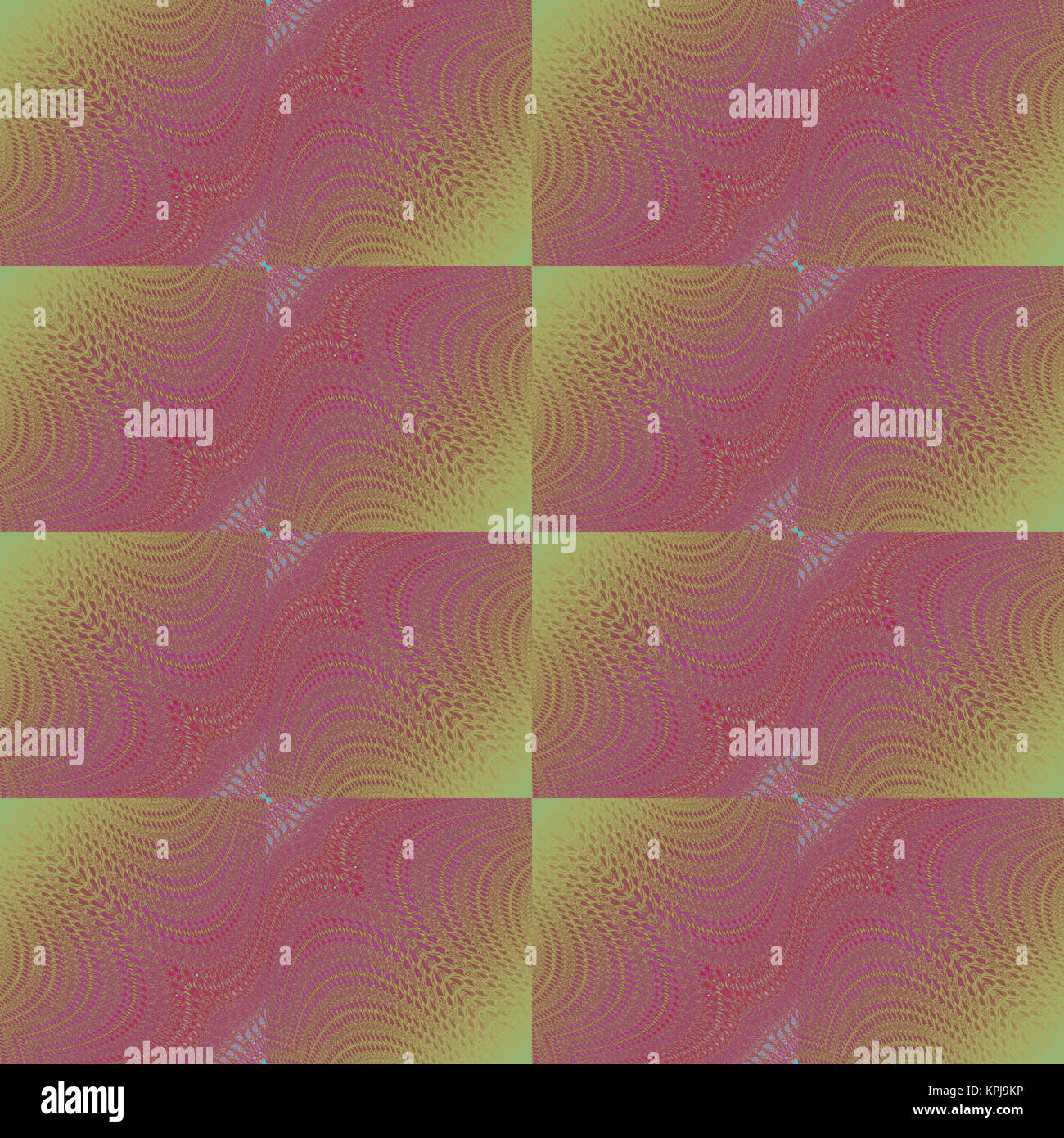 Geométrica abstracta de fondo sin fisuras. Cambia el patrón de cuadrados con delicadas líneas onduladas en tonos violeta rojo sobre verde oliva. Foto de stock