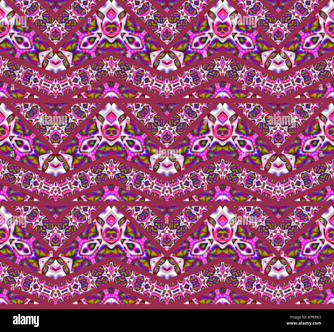 Geométrica abstracta de fondo sin fisuras. Amplios zigzag rojo oscuro con diversos elementos multicolor en rosa, violeta, morado, verde lima y gris claro. Foto de stock
