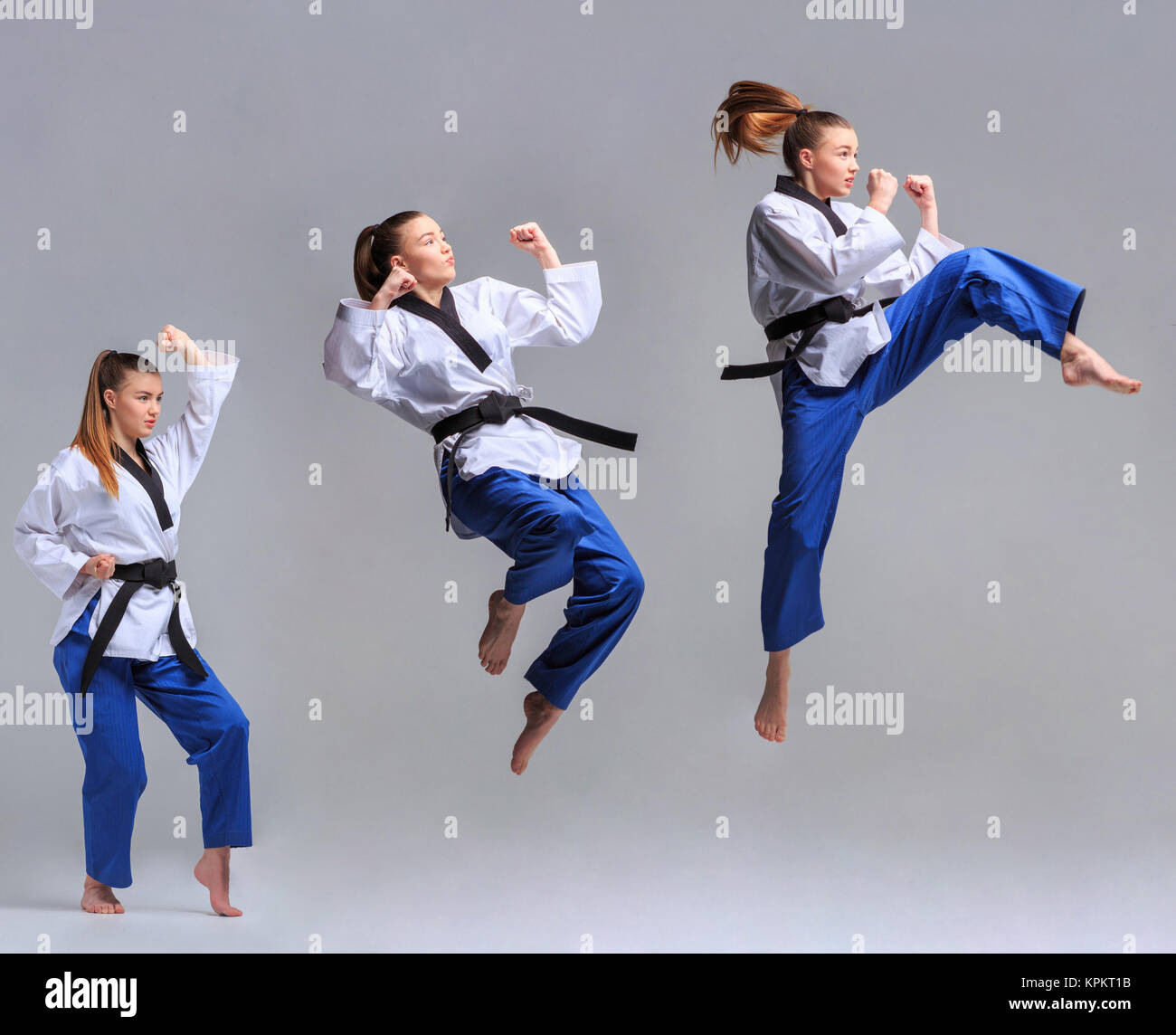 El collage de karate chica con cinturón negro Fotografía de stock - Alamy
