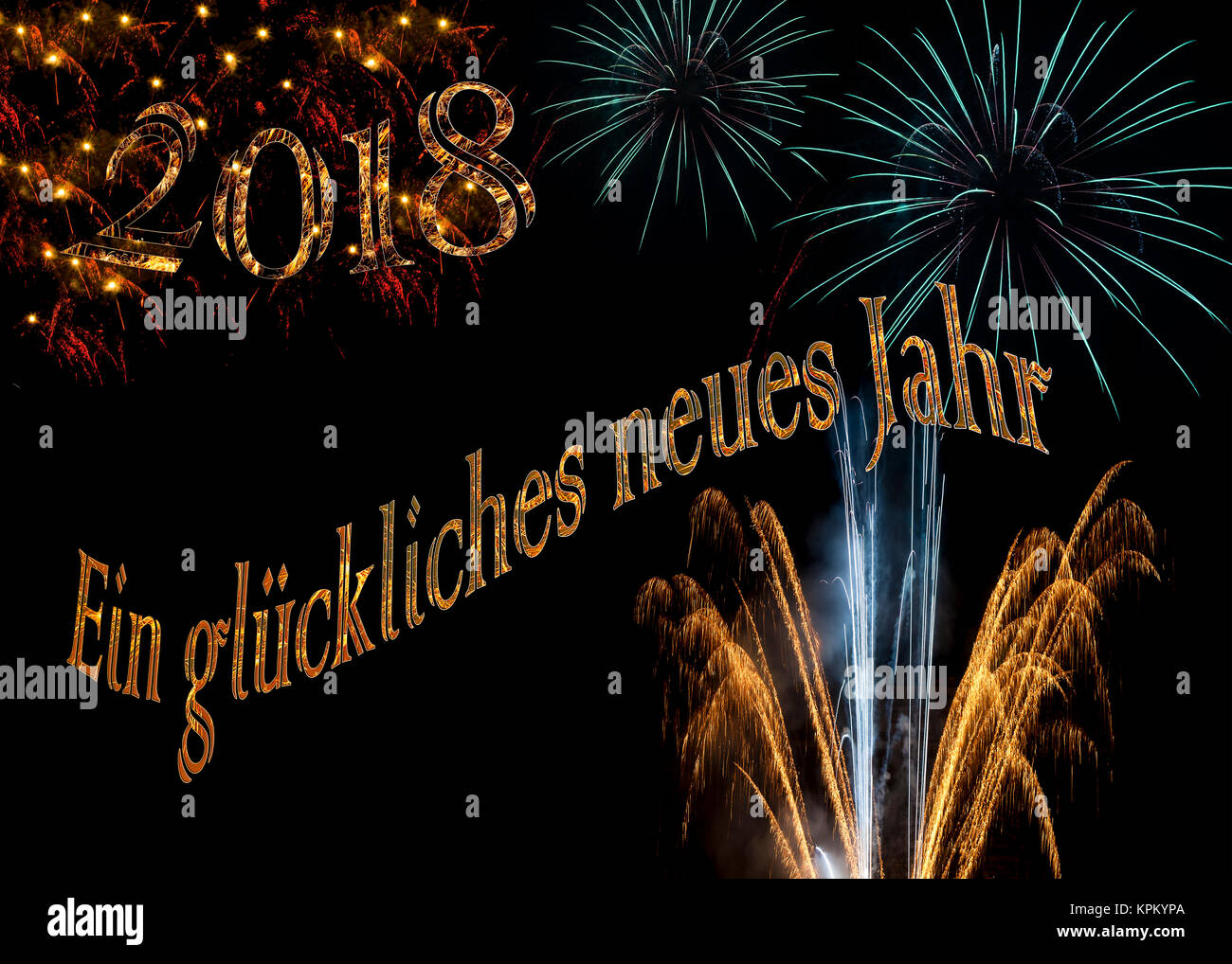 Ein gluckliches Neues Jahr 2018 elegante blanco oro turquesa violeta azulado fireworks para sofisticadas Feliz Año Nuevo en alemán Nochevieja antecedentes Foto de stock