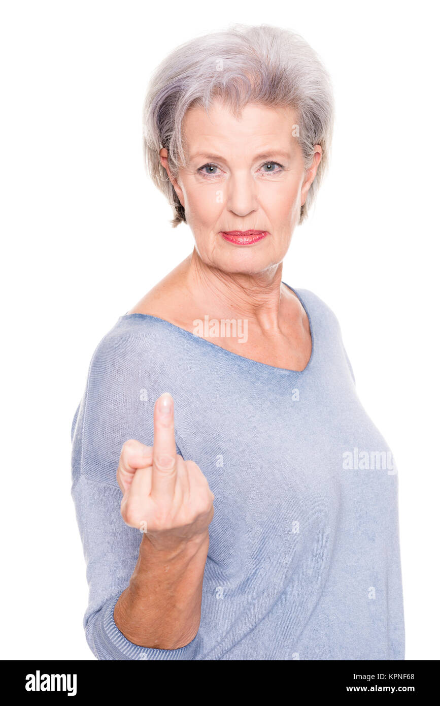 Mujer mostrando dedo medio Foto de stock