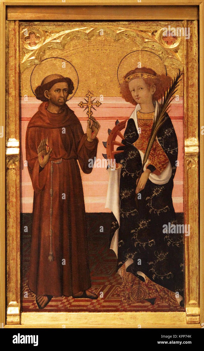 San Francisco de Asís y Santa Catalina de Alejandría por Jaume Mateu (1382-1452) un pintor valenciano del estilo gótico Foto de stock