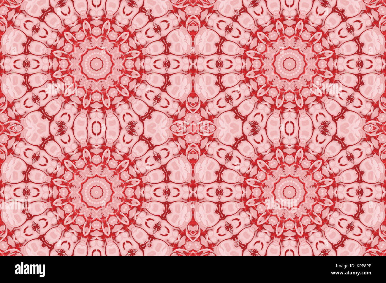 Geométrica abstracta de fondo sin fisuras. Círculo de ornamentos florales regulares en tonos rojos y rosados, ornamentado y soñador. Foto de stock