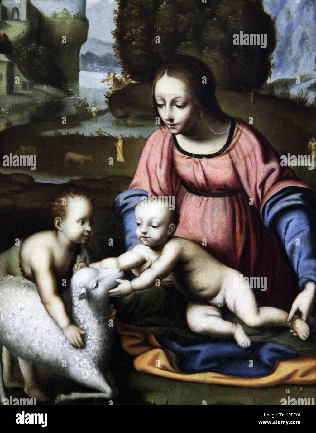 La Virgen y el Niño con San Juan joven por Bernardino Luini (1480/82 - 1532) un pintor italiano del norte desde el círculo de Leonardo da Vinci. Foto de stock