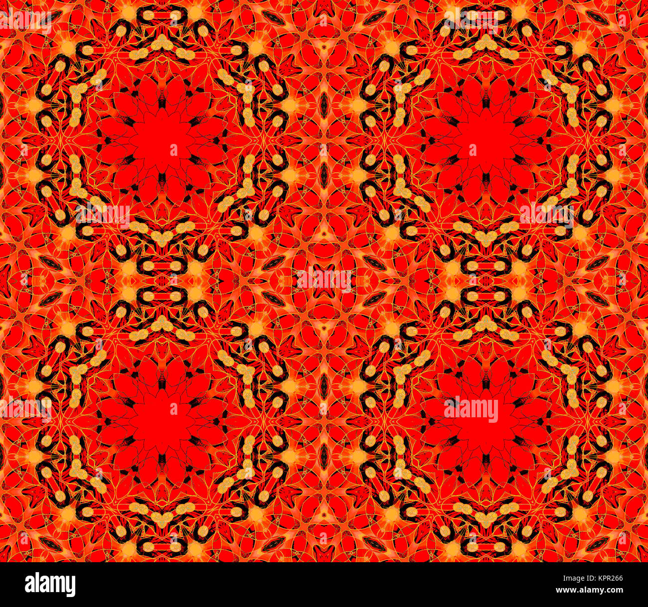 Geométrica abstracta de fondo sin fisuras. Patrón hexagonal rojo ornamentado con elementos en amarillo, naranja y negro, dominante y extensa. Foto de stock