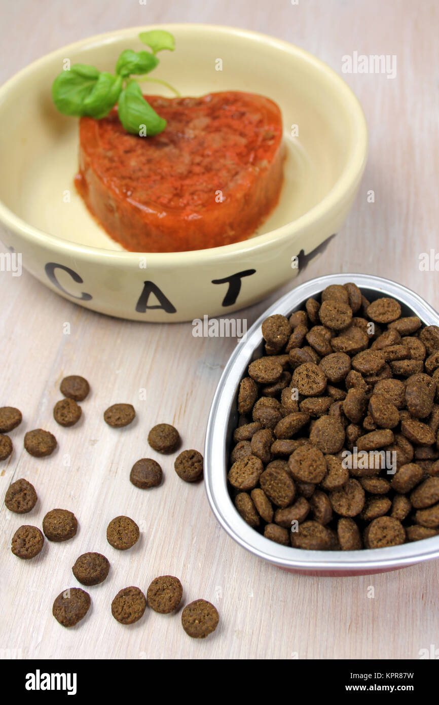 comida para gatos: comida seca y comida húmeda en forma de corazón  Fotografía de stock - Alamy