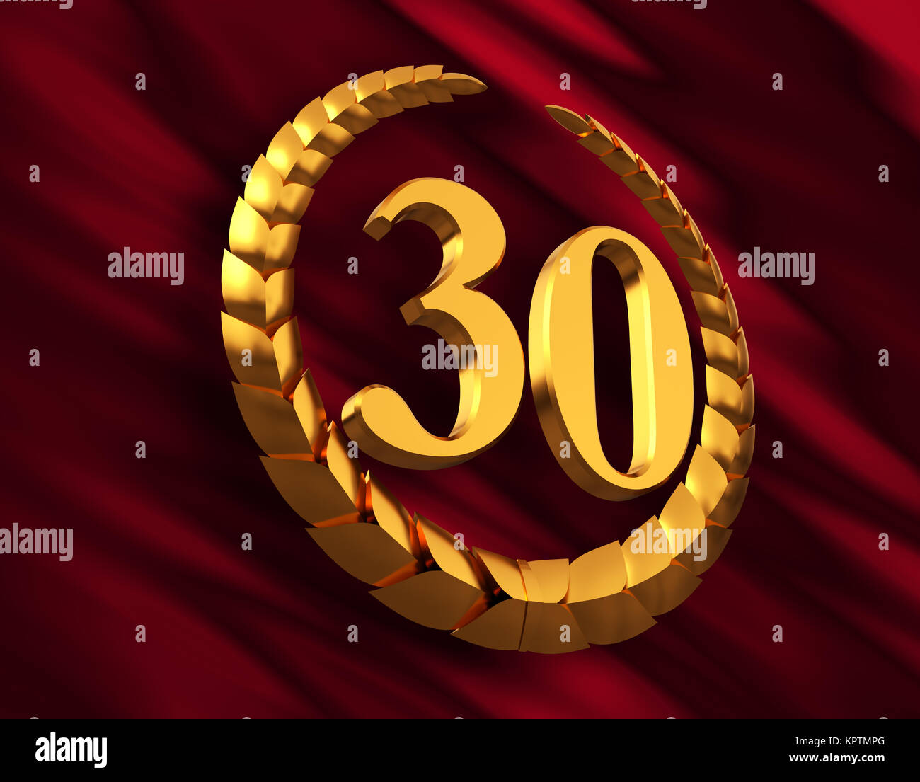 Aniversario corona de laurel de oro y el número 30 en la bandera roja Foto de stock