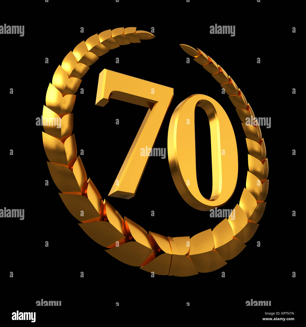 Aniversario corona de laurel de oro y numeral 70 sobre fondo negro Foto de stock