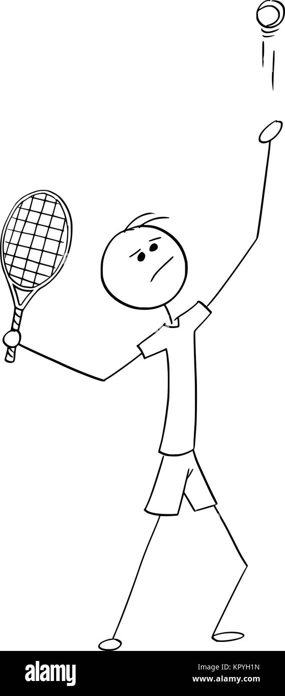 Cartoon stick man ilustración dibujo de un hombre jugador de tenis masculino servicio la pelota con la raqueta. Ilustración del Vector