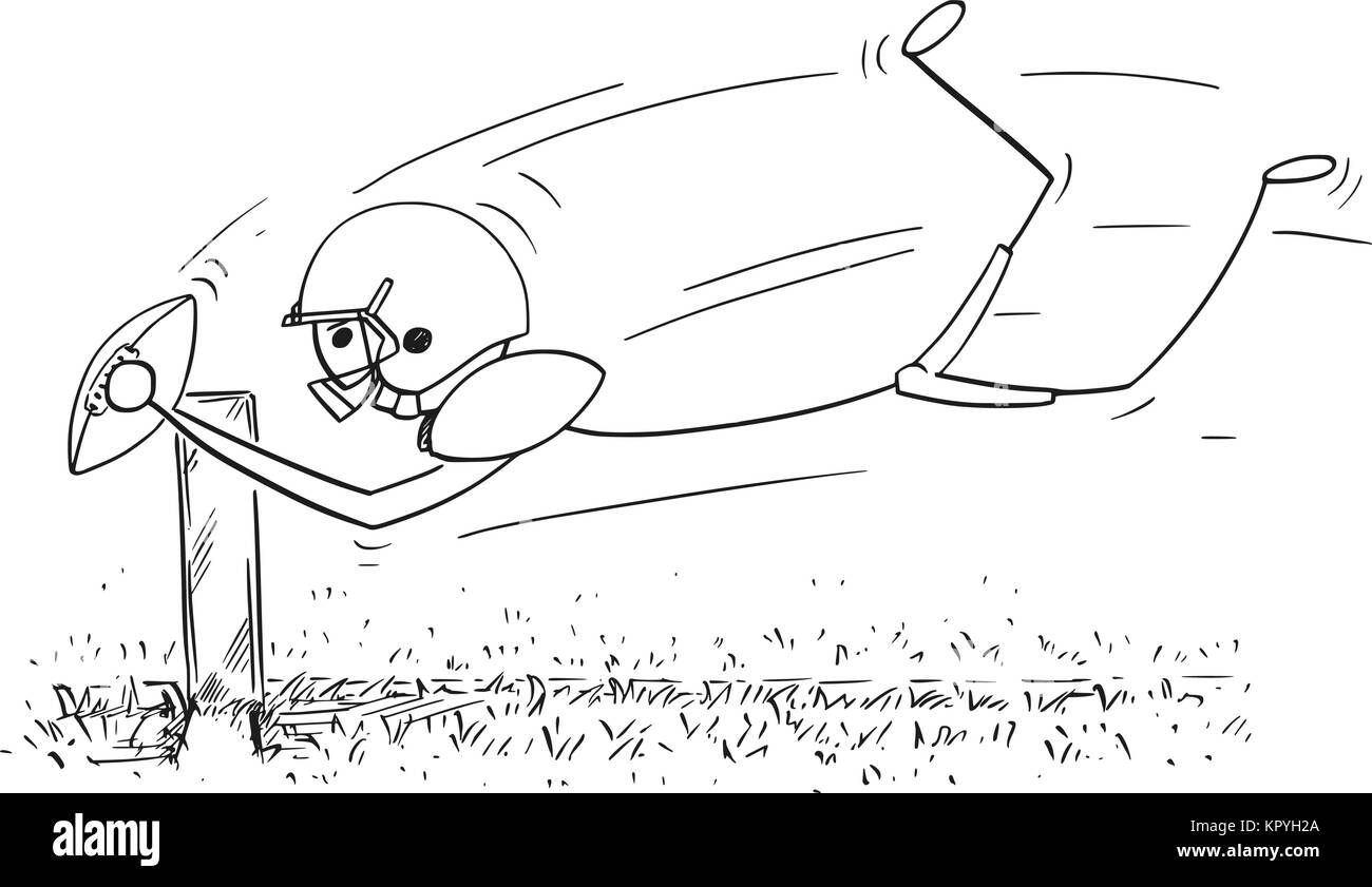 Cartoon stick man ilustración dibujo de jugador de fútbol americano puntuación saltar a touchdown. Ilustración del Vector