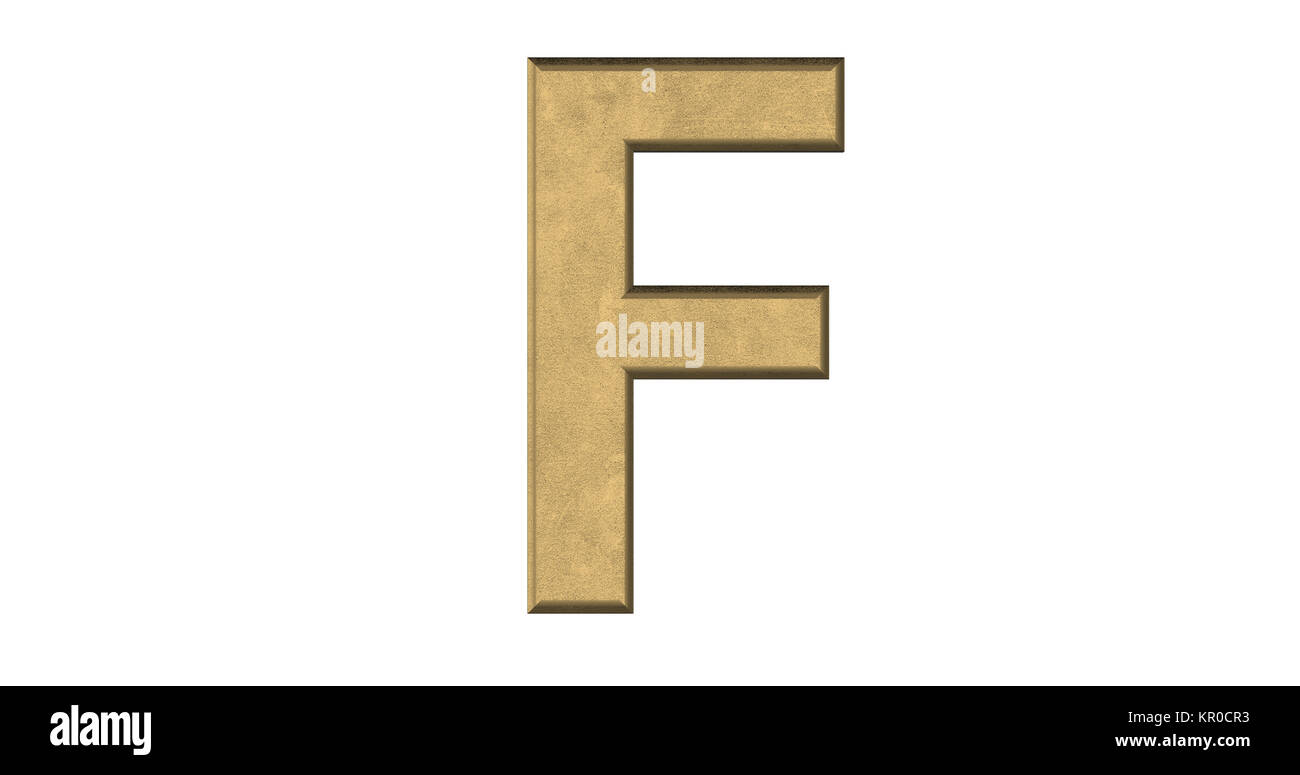Representación 3D de la letra F en metal pulido sobre un fondo blanco aislado Foto de stock