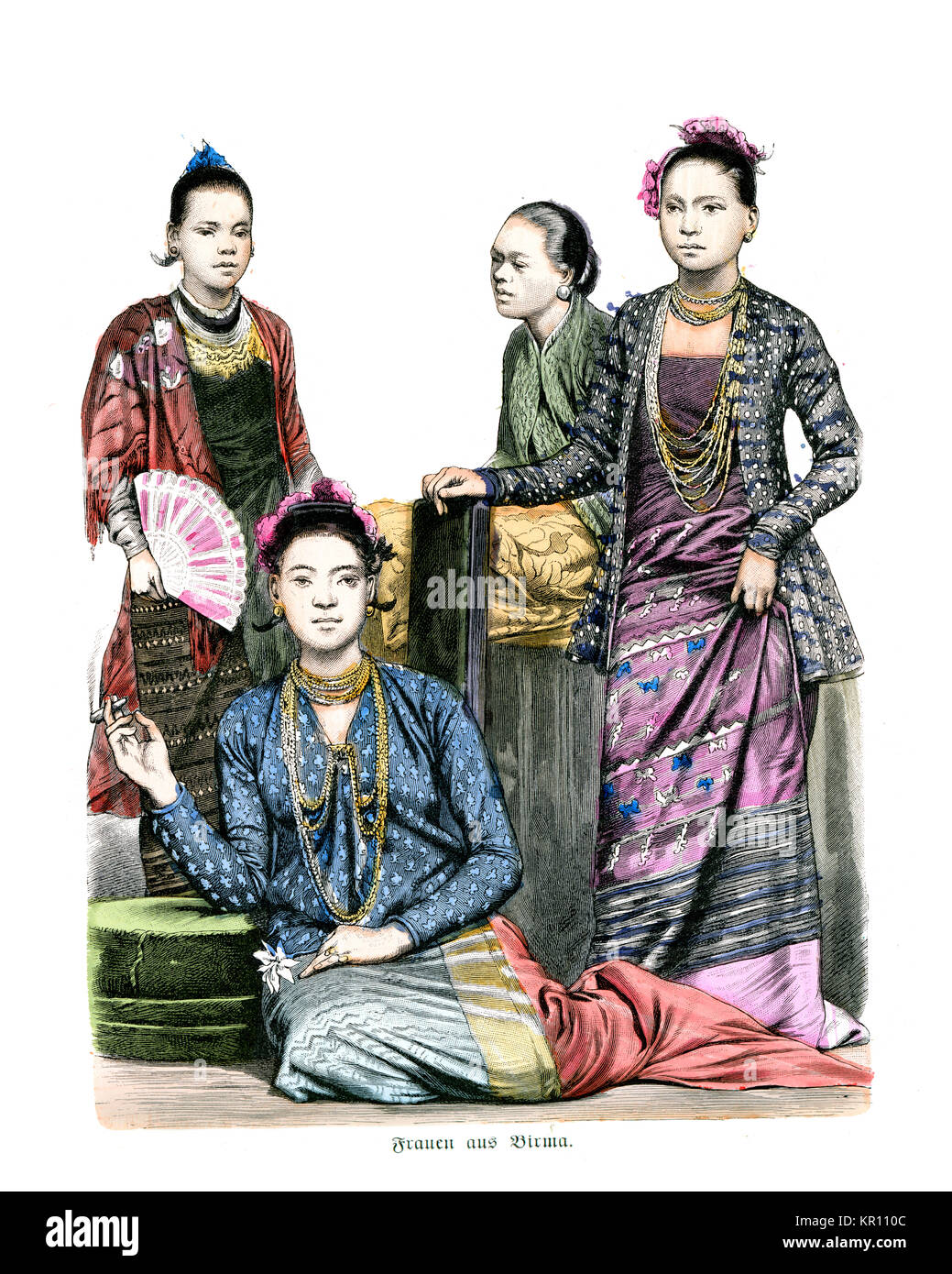 Mujeres birmanas en traje tradicional, del siglo XIX, 1886 Foto de stock