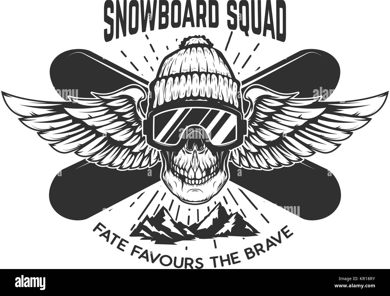 Escuadrón de snowboard. Cráneo con extrema snowboards. Elemento de diseño para el emblema, signo, la etiqueta, el cartel. Ilustración vectorial Ilustración del Vector