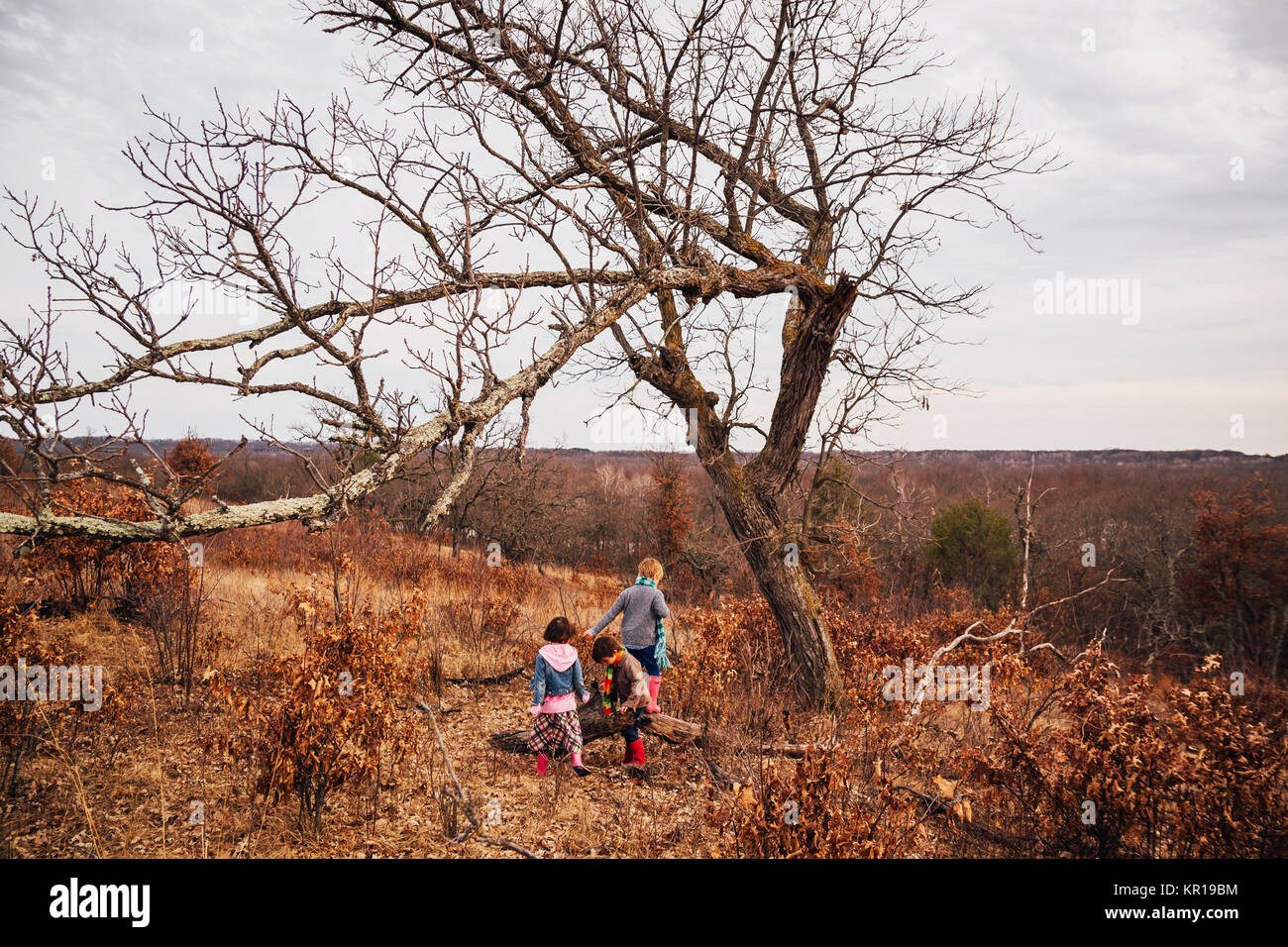 Tres niños jugando en un paisaje otoñal rural Foto de stock