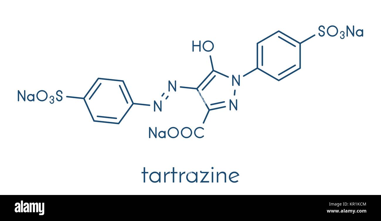 Tartracina (E102) molécula colorante alimentario. Amarillo Azo Colorante  usado en alimentos, bebidas, productos farmacéuticos, etc. alergénica.  Fórmula esquelética Imagen Vector de stock - Alamy