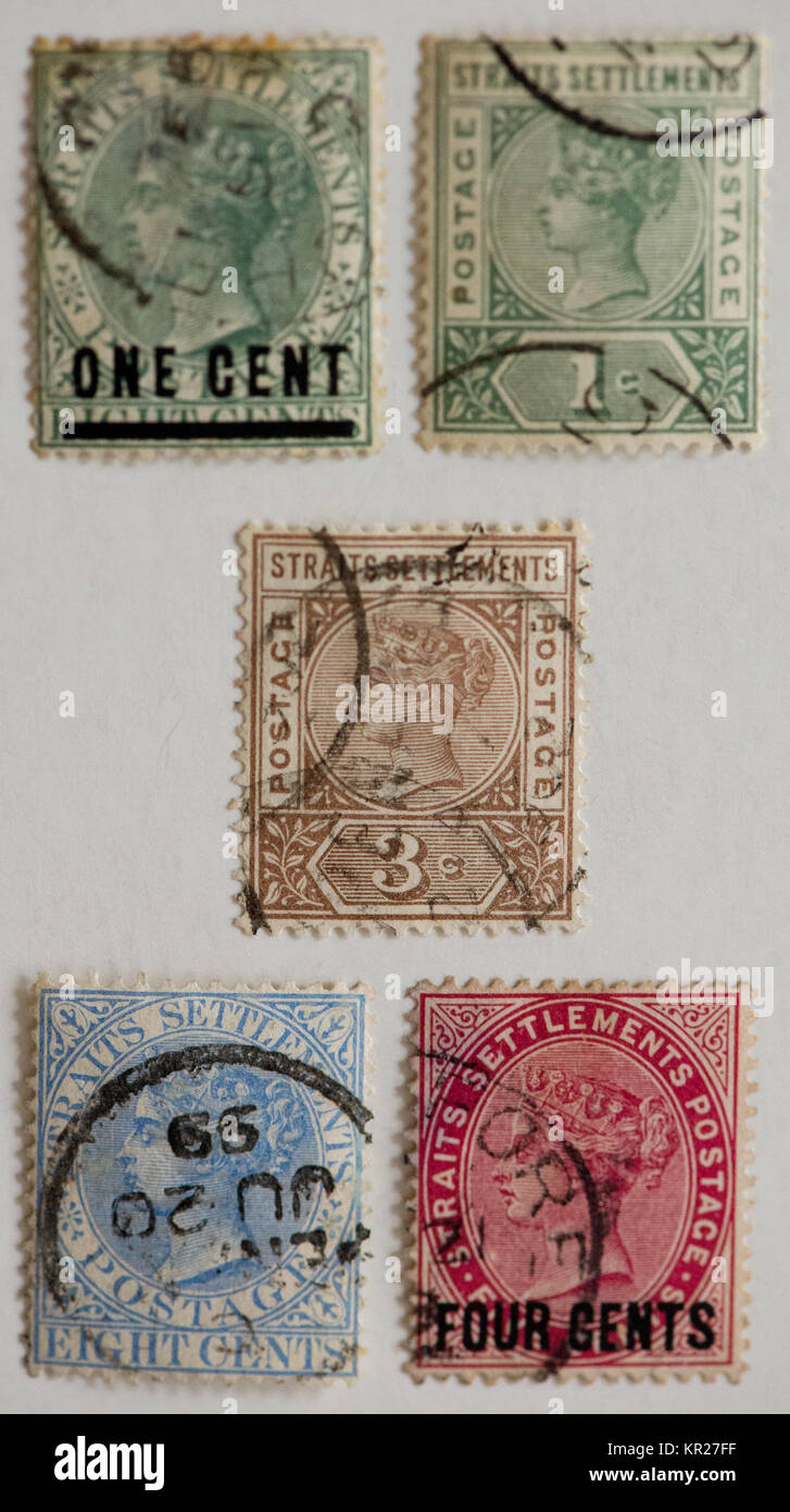 Sellos de las antiguas colonias británicas en el sudeste de Asia (estrecho de asentamientos) Foto de stock