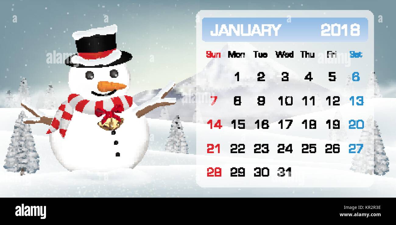 Calendario de enero de 2018 mes muñeco de nieve invierno Imagen Vector de  stock - Alamy