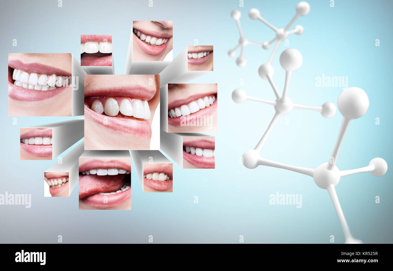 Collage de sonrisa saludable en cubos 3D con blanco cadena de moléculas. Foto de stock