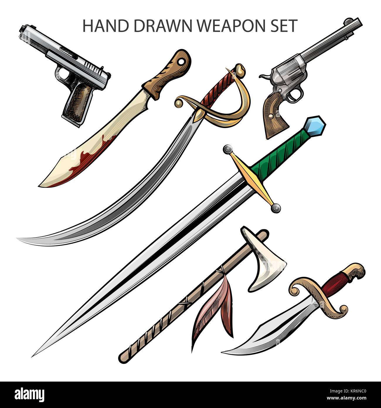 Conjunto de diversas armas dibujados a mano. Ilustración vectorial. Ilustración del Vector