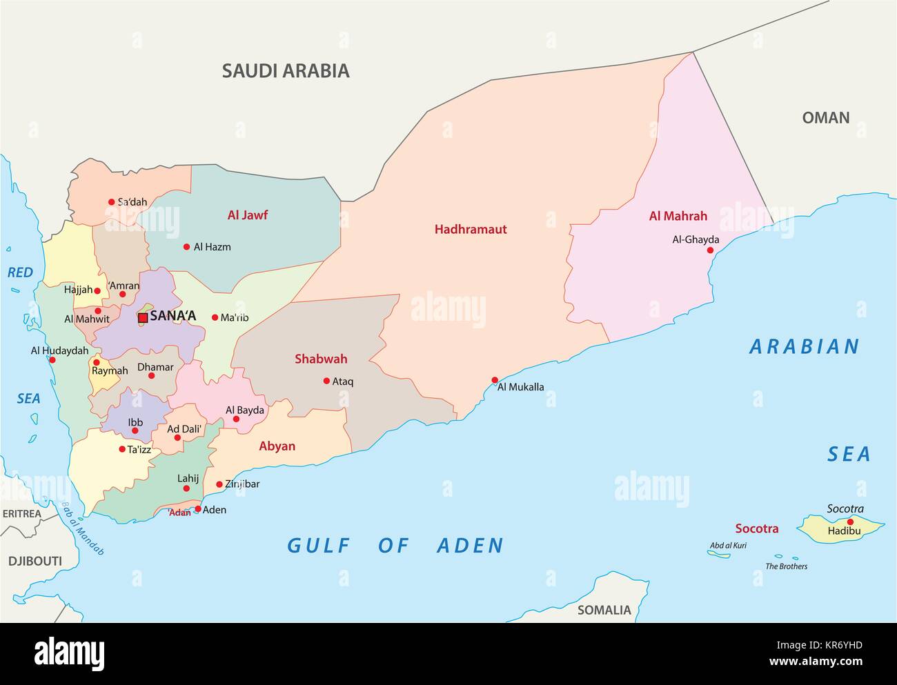 Yemen mapa de vectores administrativa y política Imagen Vector de stock