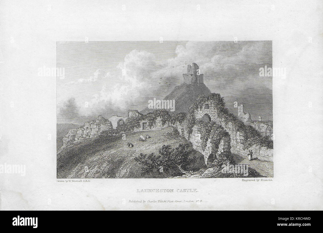 Grabado del siglo xix desde 1829, Castillo de Launceston, Cornwall, Inglaterra, Reino Unido dibujado por W. Westall Foto de stock