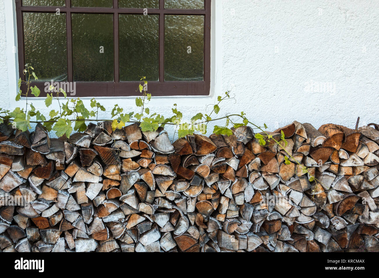 Leña seca por la pared de una casa Foto de stock