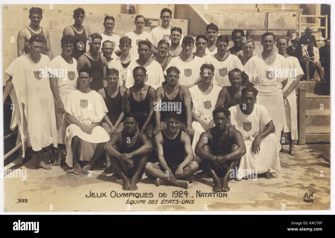 Los EE.UU. equipo de natación Olímpica; foto por "UN" de París. Fecha: 1924 Foto de stock