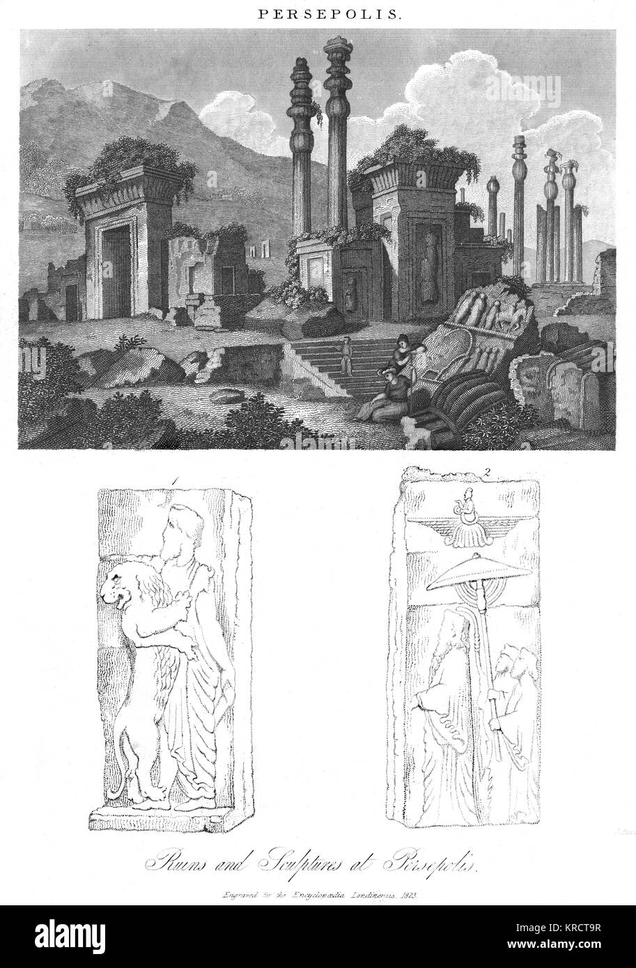 Una visión bastante idealizada de las ruinas de Persépolis, antes de la excavación, la mayoría de los cuales fue realizado por el Instituto de Chicago en 1930. Fecha: 1823 Foto de stock