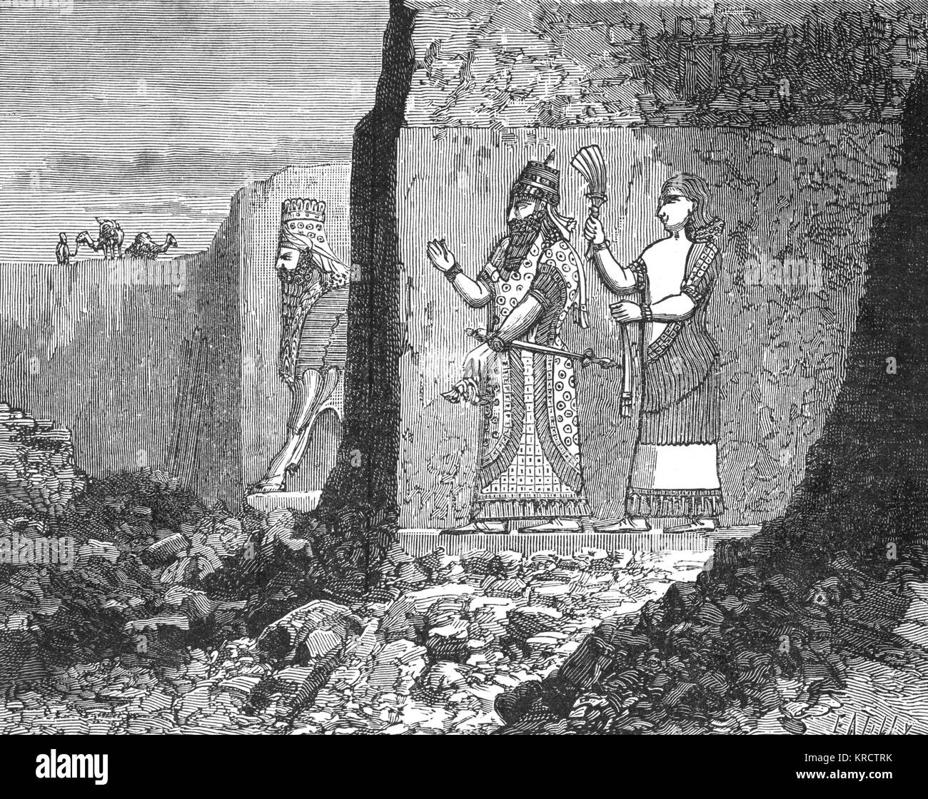 Excavaciones profundas en Tell Nimrud revelan la fabulosamente decorados tallados relieves, probablemente desde el Palacio Noroeste de Ashurnasipal en la ciudadela de Kalkhu. Fecha: 1849 Foto de stock