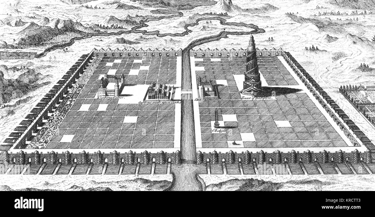 La ciudad de Babilonia, después de las descripciones por Heródoto y Kircher ; los "jardines colgantes" en el centro de la ciudad, la Torre de la derecha : el Eufrates recorre la ciudad Fecha: Foto de stock